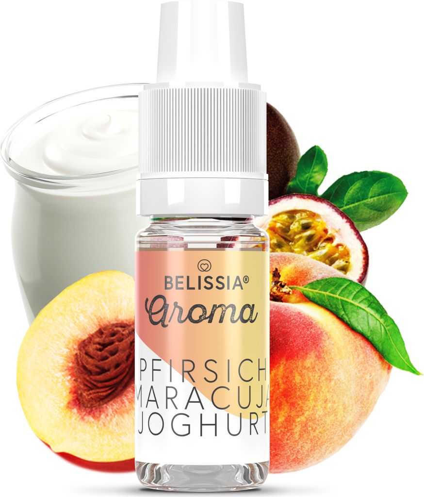 Belissia Lebensmittelaroma Pfirsich-Maracuja-Joghurt - 10ml Hochdosiertes Aroma - Kalorienfrei, Vegan - Für Speisen, Getränke, Shake, Quark, uvm.