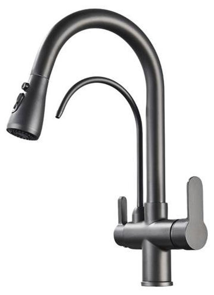 3-Wege Küchenarmatur NORDIC mit Wasserfilter-Anschluss, herausziehbare Brause, 360° schwenkbar, getrennte Wasserwege, Keramikkartusche Graphit