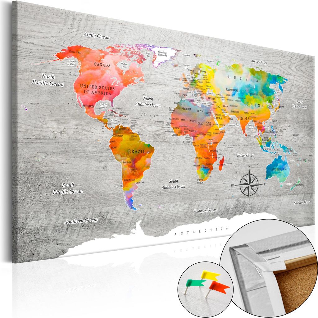 Vliesstoff Korkbild - Multicolored Travels 90x60 cm Karten k-C-0049-p-b