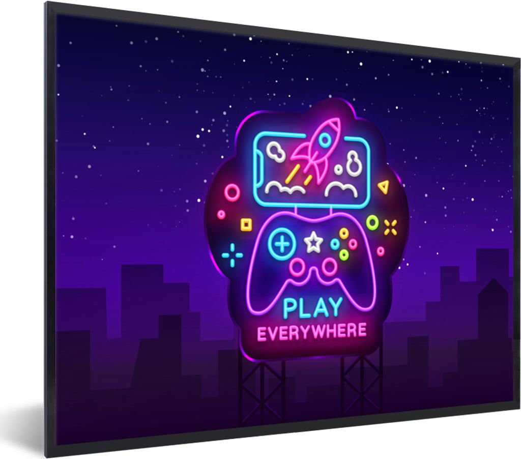 MuchoWow Gerahmtes Poster Gaming - Neon - Spielen - Blau - Nacht - Controller 80x60 cm - Poster mit Schwarzem Bilderrahmen Wandposter Rahmen Foto...