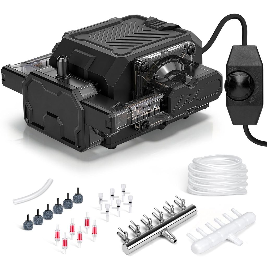 18W Aquarium Luftpumpe mit Verteiler, Dual-Kanal-Motor Max.2700L/h, Einstellbar Sauerstoffpumpe Belüfter für Aquarium Hydroponisch und Kaltrauchg...