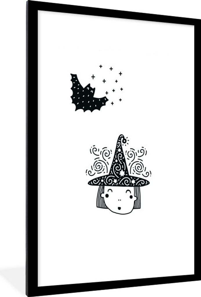 MuchoWow MuchoWow Gerahmtes Poster Hexe - Halloween - Schwarz - Weiß - Jungen - Mädchen - Baby 60x90 cm - Poster mit zchwarzem Bilderrahmen -...