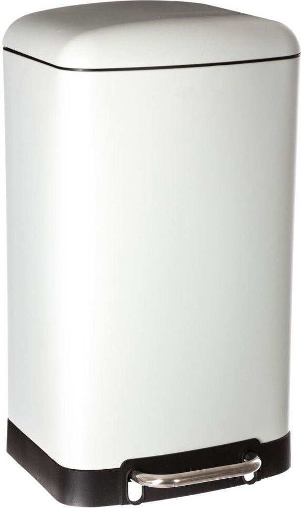 A white metal pedal bin with a black base and a silver pedal.