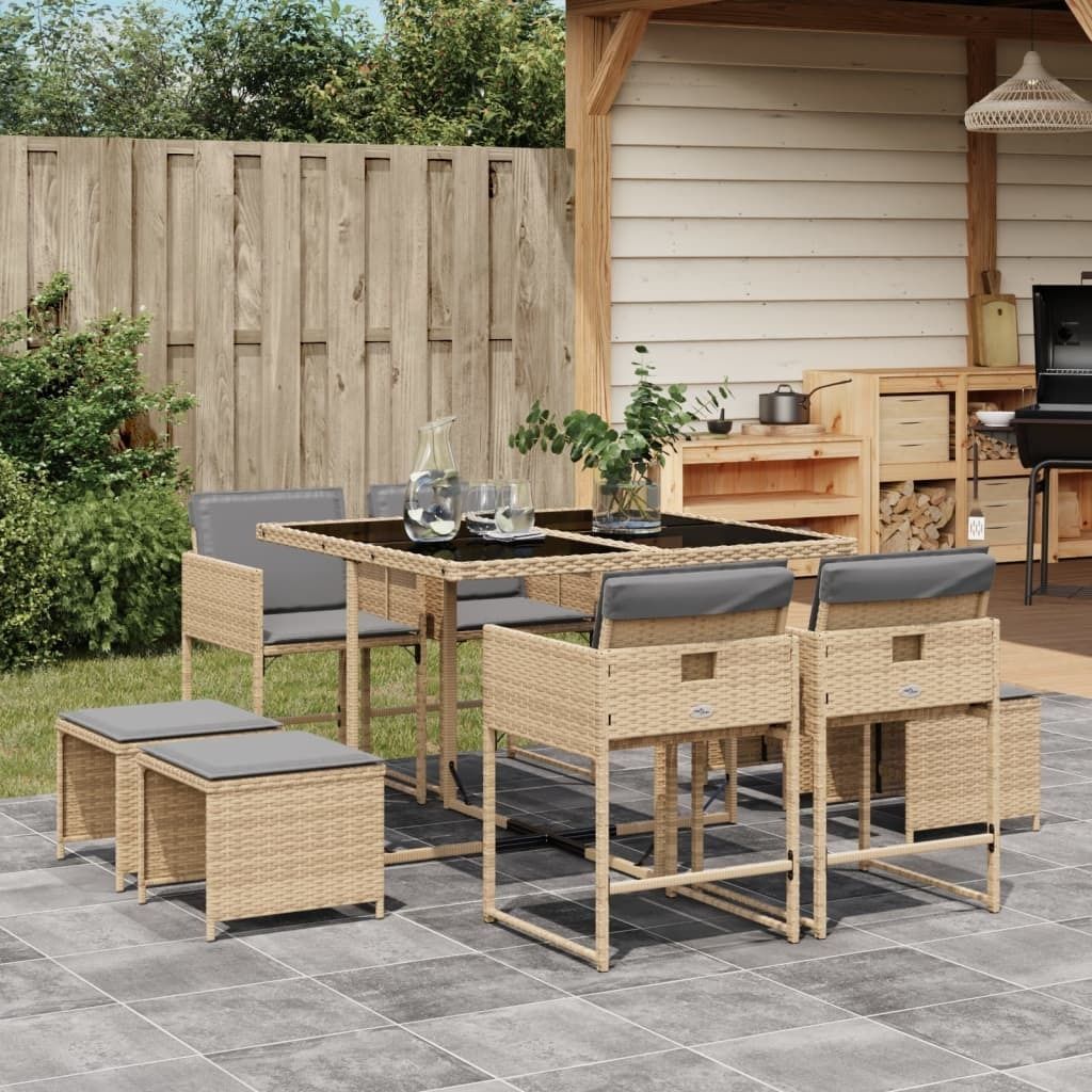 "2026 Promotion" 9-tlg. Garten-Essgruppe - mit Tisch und Stühlen - mit Kissen - Beigemischung Poly Rattan - Gartenmöbelset CC13591