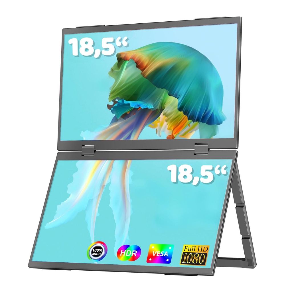 Dual Portable Monitor 18.5“ Tragbarer Monitor für Laptop Screen Extender 1080P Faltbarer Triple Monitor mit Stand VESA Mobiler Bildschirm für L...