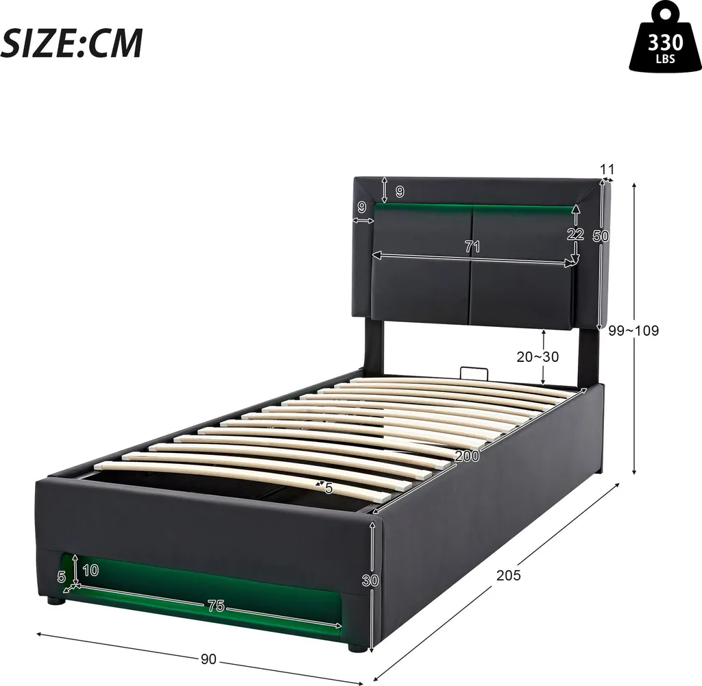 Lit avec rangement hydraulique 90x200cm Noir Solution gain de place LED