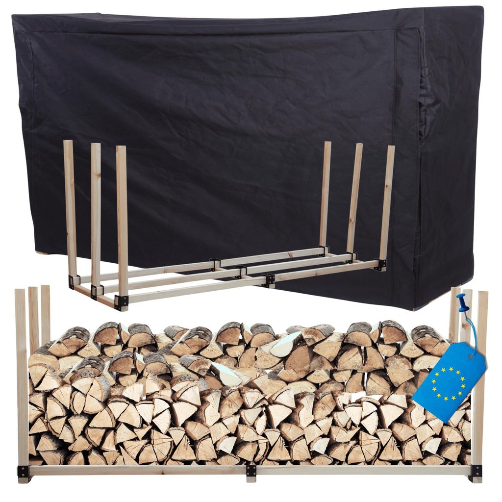 MODO24 Kaminholzregal, Holzunterstand, mit Abdeckung, Schutzplane, Brennholzregal, Holzlager, Garten, Wetterfest, Massivholz, 150x232x80 cm, DRE