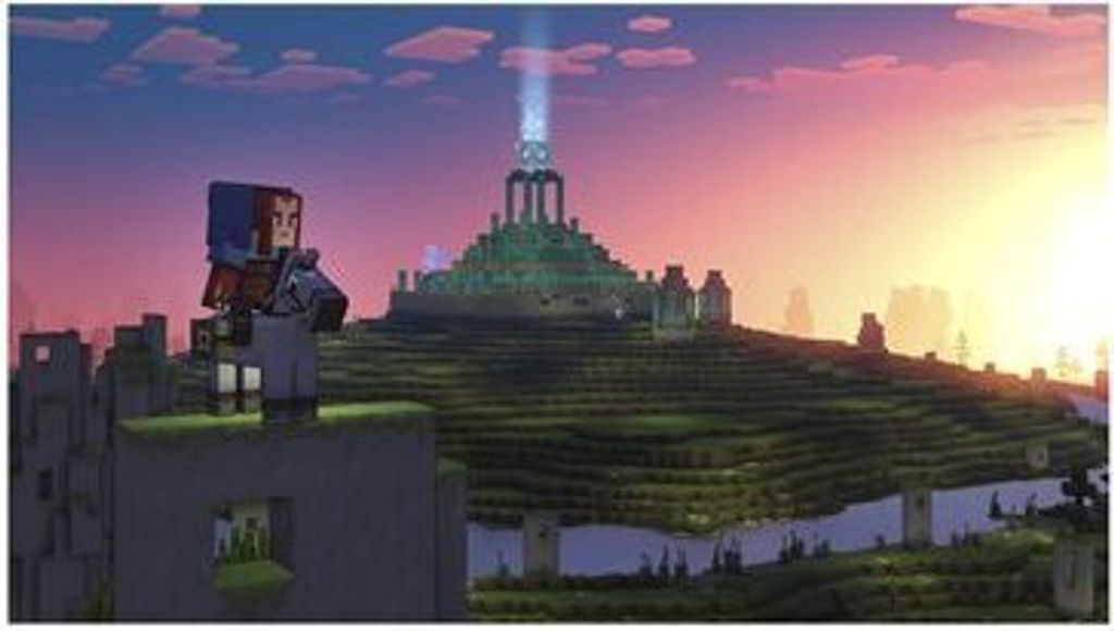 A character stands on a platform overlooking a vast, blocky landscape with a glowing tower in the distance.
