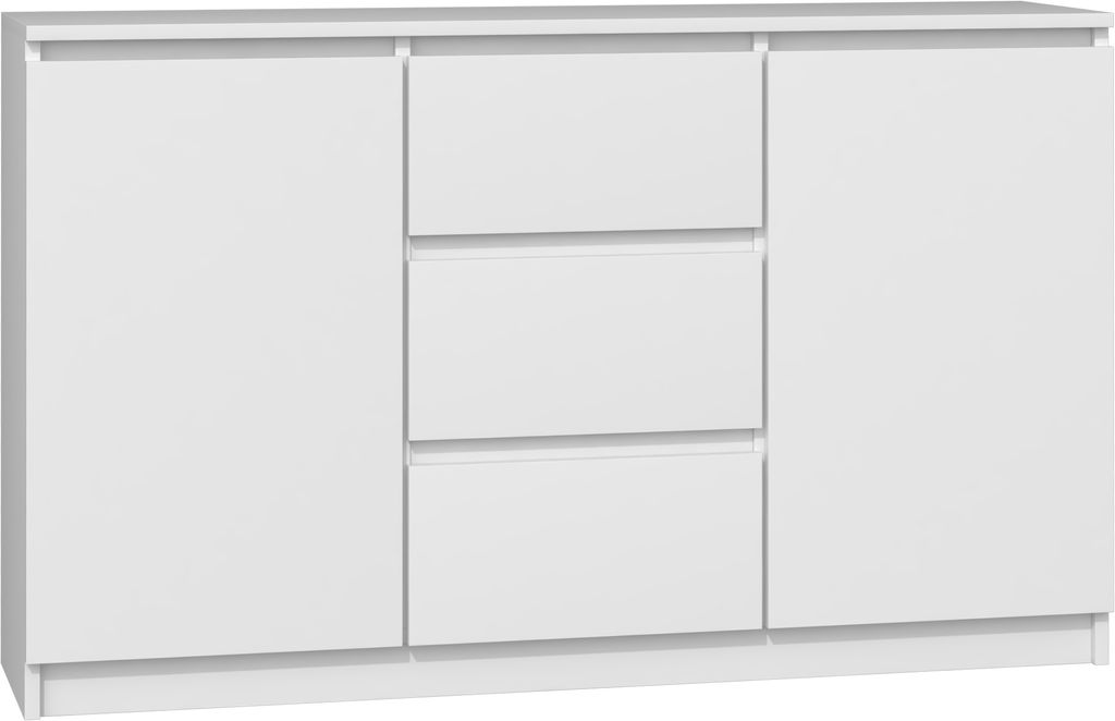 A white sideboard with two doors and three drawers, shown from the front.