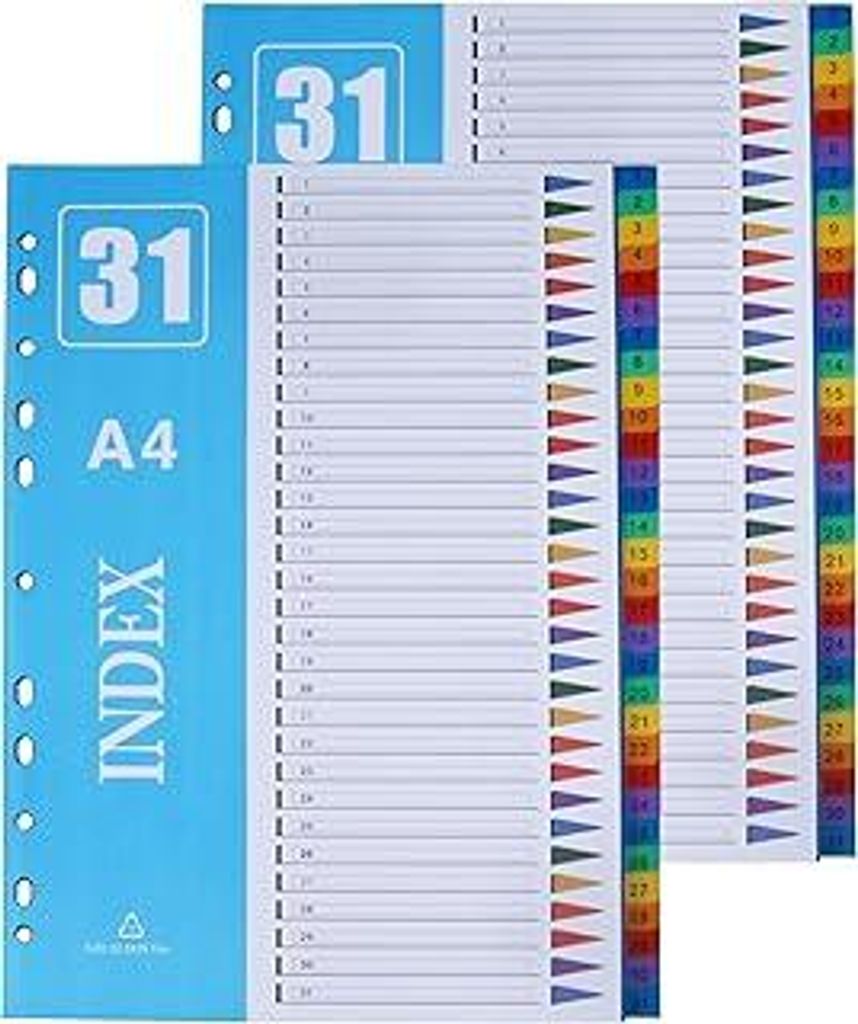 JALVPI 2er 31 Teilig A4 Register Trennblätter für Ordner, Kunststoff, 1-31 Registertrenner für Organisation, 225x297mm