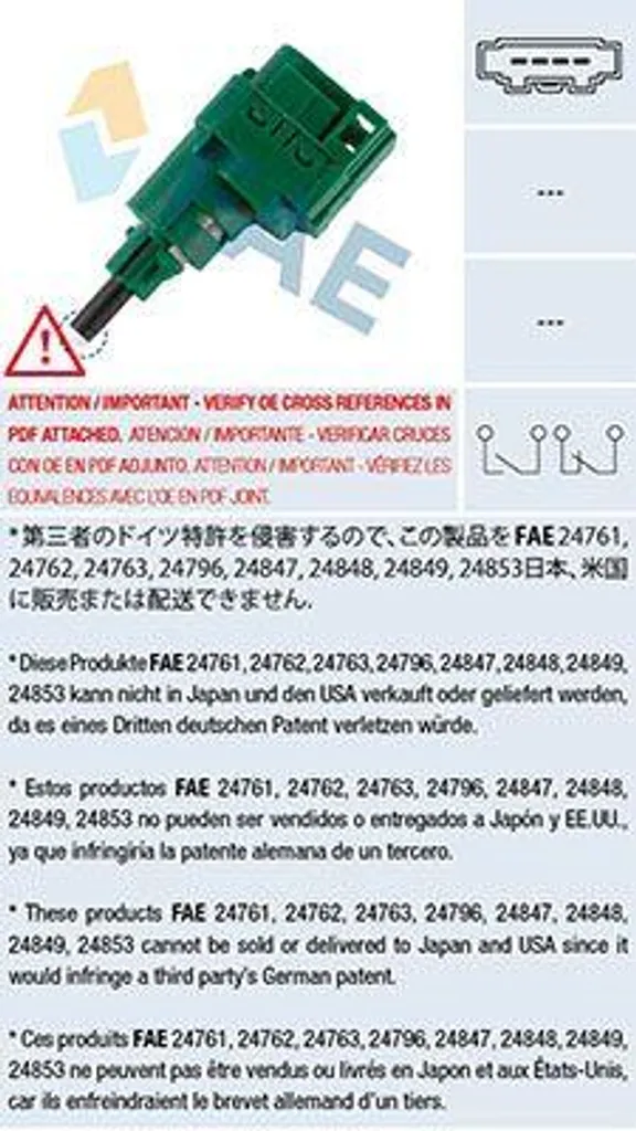 FAE 24762 Sensore Pedale Freno 1070613 per Octavia, Cordoba, Golf