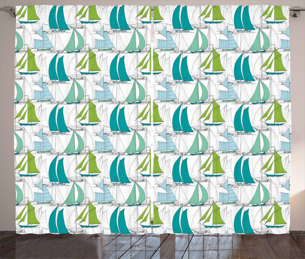 ABAKUHAUS Nautisch Rustikaler Vorhang, Segelboot Theme, Wohnzimmer Universalband Gardinen mit Schlaufen und Haken, 280 x 245 cm, Mehrfarbig