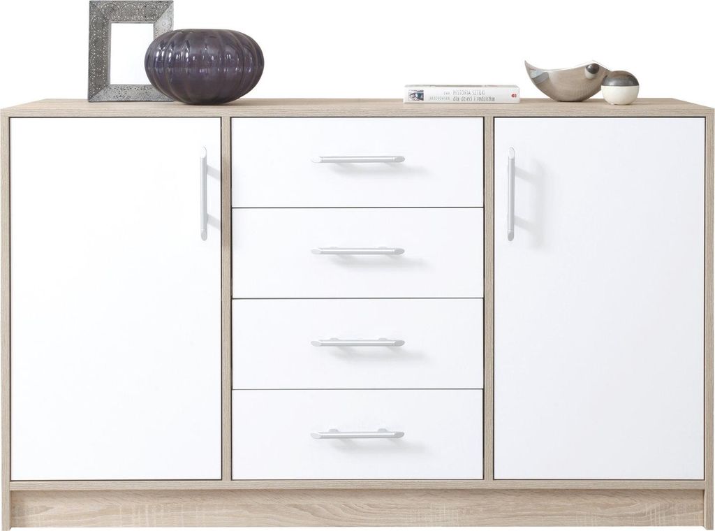 Masseno Kommode VANO 140 cm Sideboard mit 4 Schubladen und 2 Türen für Wohnzimmer Schlafzimmer Modern 140x40x84 cm Eichefarben / Weiß