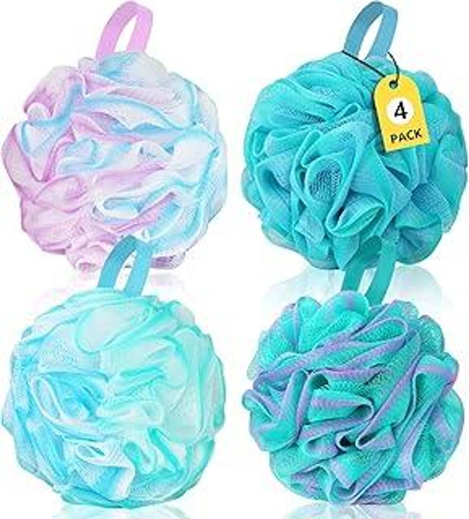 Luffa-Schwamm, extra groß, Set mit 4 Stück, 75 g/Stück, weicher Körperschrubber, Badeschwamm für Damen und Herren, Haargummi, Netz-Pouf, Badez...