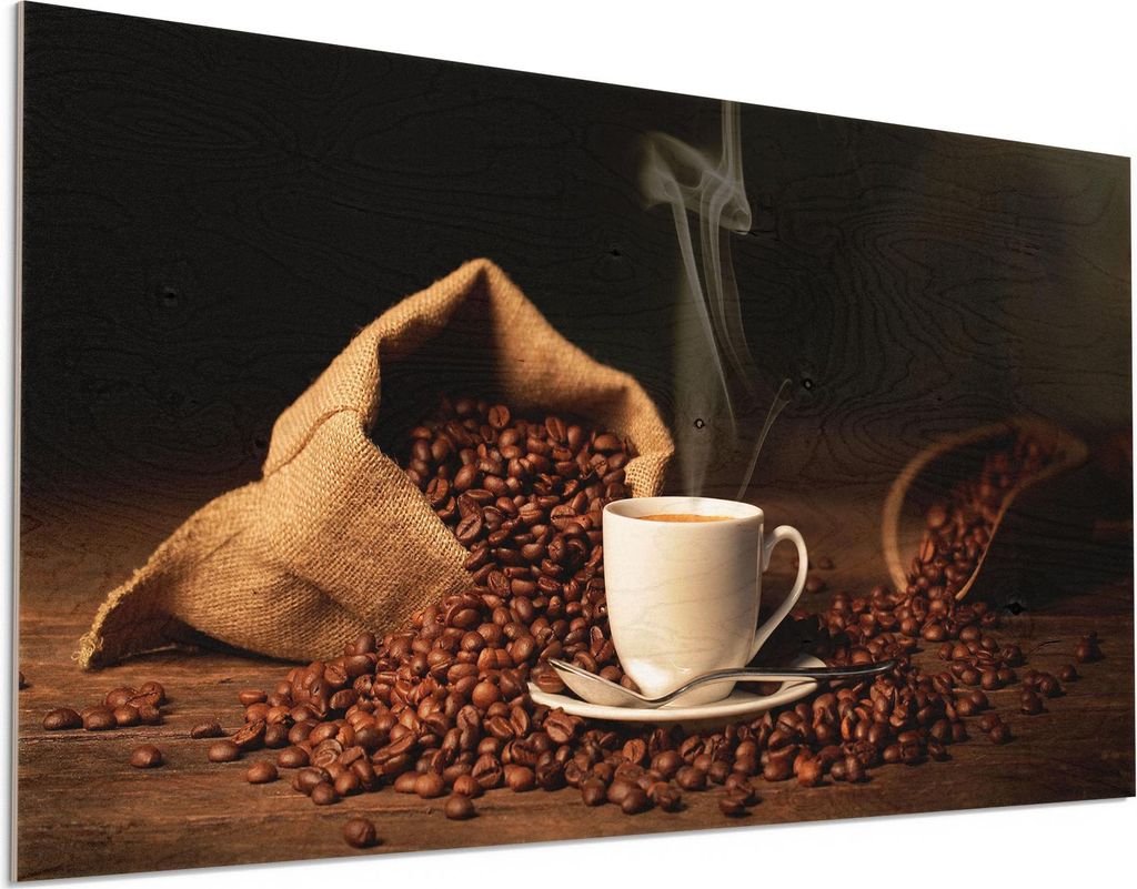 DEQORI Holzbild 100x50 cm 'Kaffeetasse mit Bohnen' Bild auf Holz Wandbild Kunstdruck