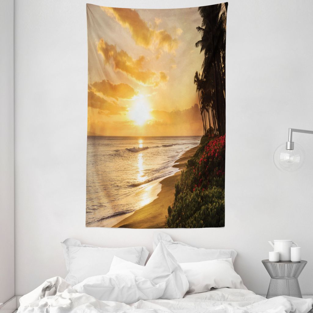 ABAKUHAUS Tropisch Wandteppich und Tagesdecke, Sonnenuntergang am Sand Beach aus Weiches Mikrofaser Stoff Waschbar ohne Verblassen Digitaldruck, 14...