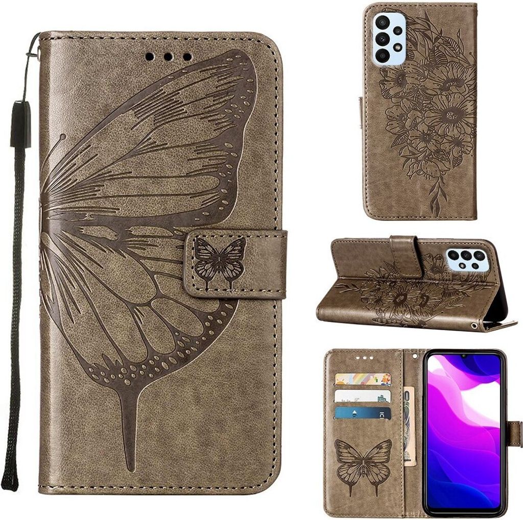 Galaxy A23 4G Hülle, Schmetterling Prägung Flip Leder Kartenfächer Schutzhülle Ledertasche mit Ständer für Samsung Galaxy A23 4G / 5G Grau