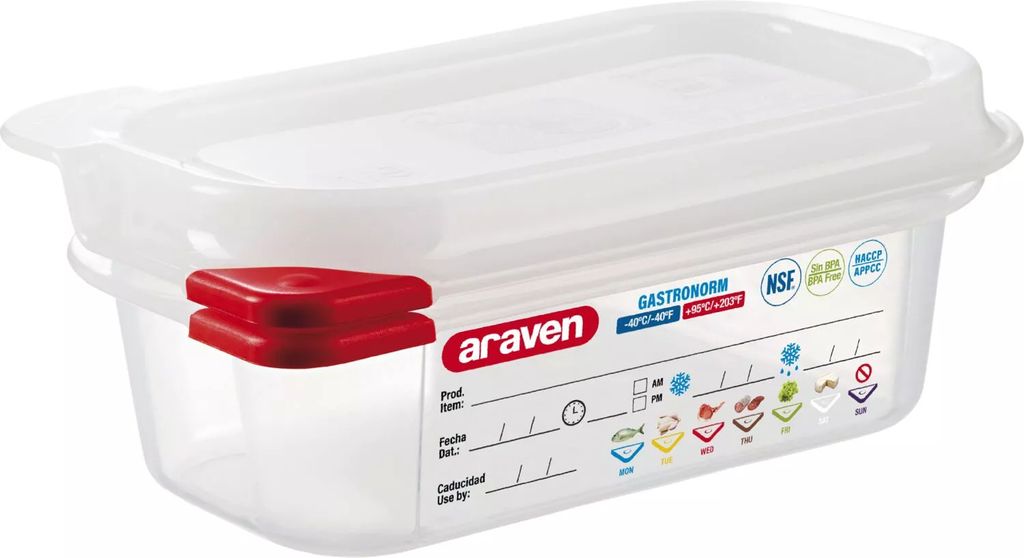 ARAVEN GN-Behälter mit Deckel 1/9, PP, Tiefe: 65 mm, Inhalt: 0,6 L, hermetisch