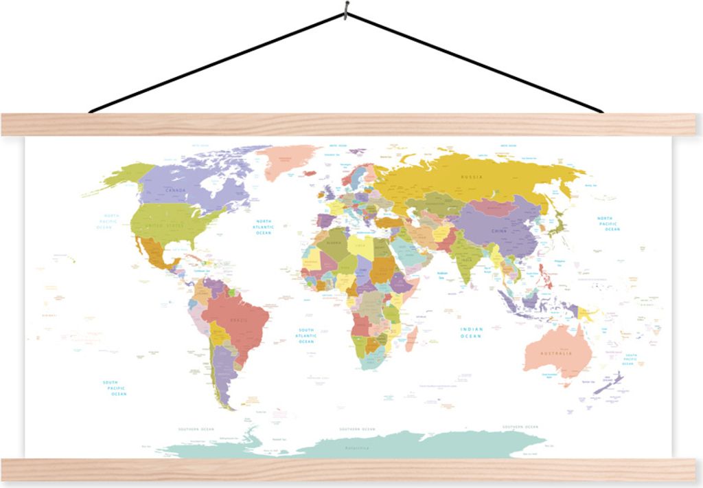 MuchoWow Textilposter Weltkarte - Pastell - Farben 120x60 cm mit holzfarbenen Rahmen - Klemmleiste
