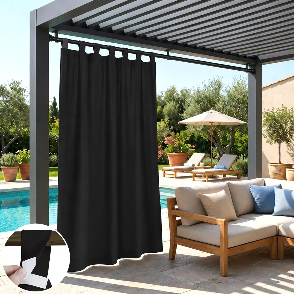 Rideau extérieur occultant et thermique noir 132x274cm pour terrasse