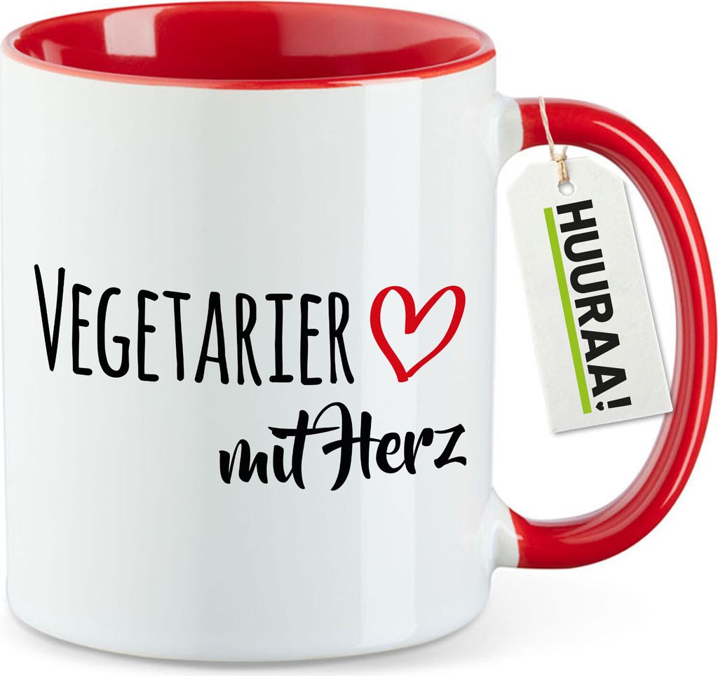 Huuraa Kaffeetasse Vegetarier mit Herz 330ml Rot Keramik Kaffeebecher Geschenkidee