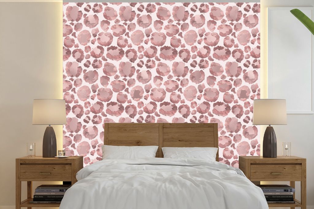 MuchoWow Fototapete für Wohnzimmer oder Schlafzimmer Wandtapete Vinyl Motivtapete Pantherdruck - Aquarellfarbe - Rosa - 260x260 cm - Papiertapeten