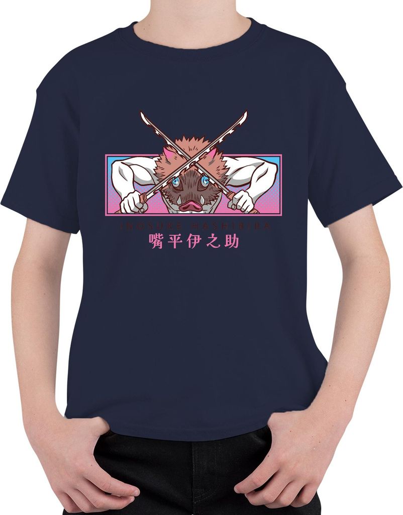 Inosuke Hashibira Ebermaske Gekreuzte Schwerter Kimetsu Geschenk Uni Kinder T-Shirt, Navy, 140