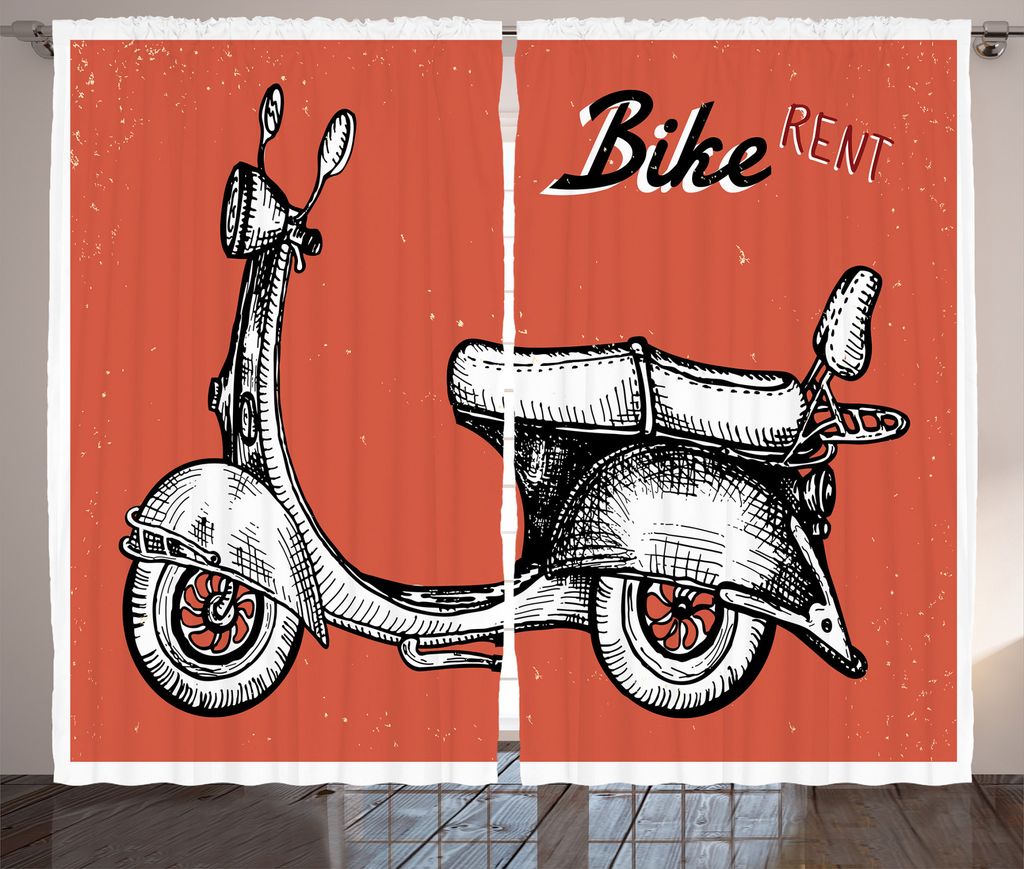 ABAKUHAUS Retro Rustikaler Vorhang, Roller-Fahrrad-Zeichen, Wohnzimmer Universalband Gardinen mit Schlaufen und Haken, 280 x 225 cm, Rot Schwarz Weiß