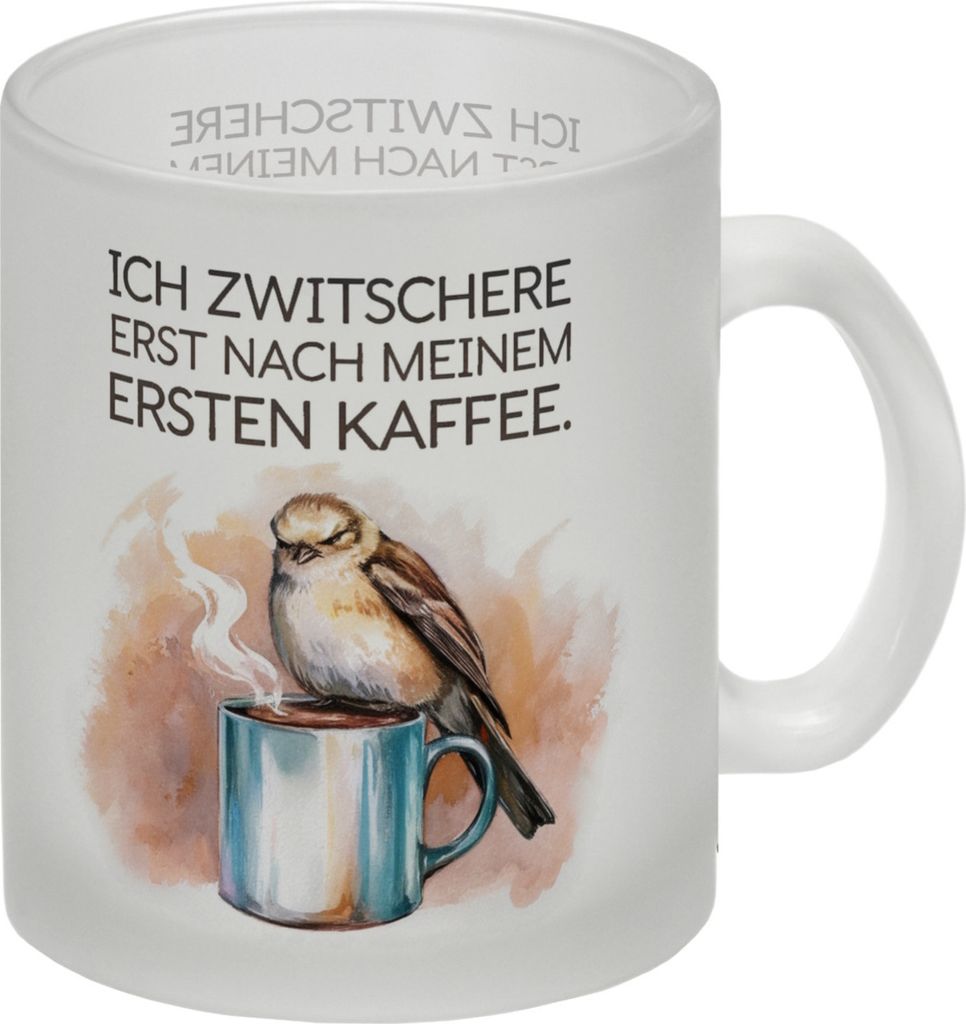 Erst Kaffee, dann Zwitschern Glas Tasse mit Vogel auf Kaffeetasse