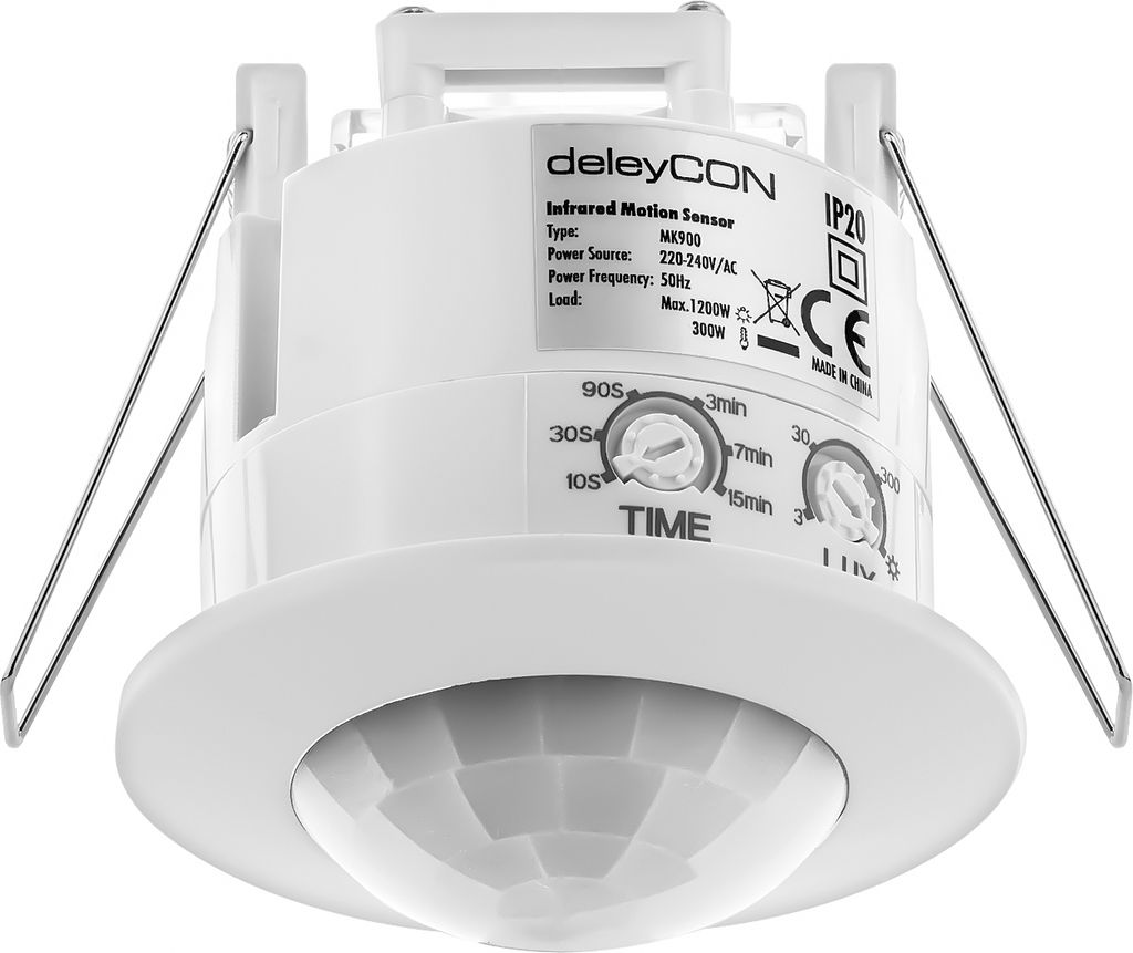 deleyCON 1x Infrarot Bewegungsmelder Unterputz Deckenmontage Innenbereich Lichtsteuerung 360° Arbeitsfeld 6m Reichweite eingebauter Lichtsensor