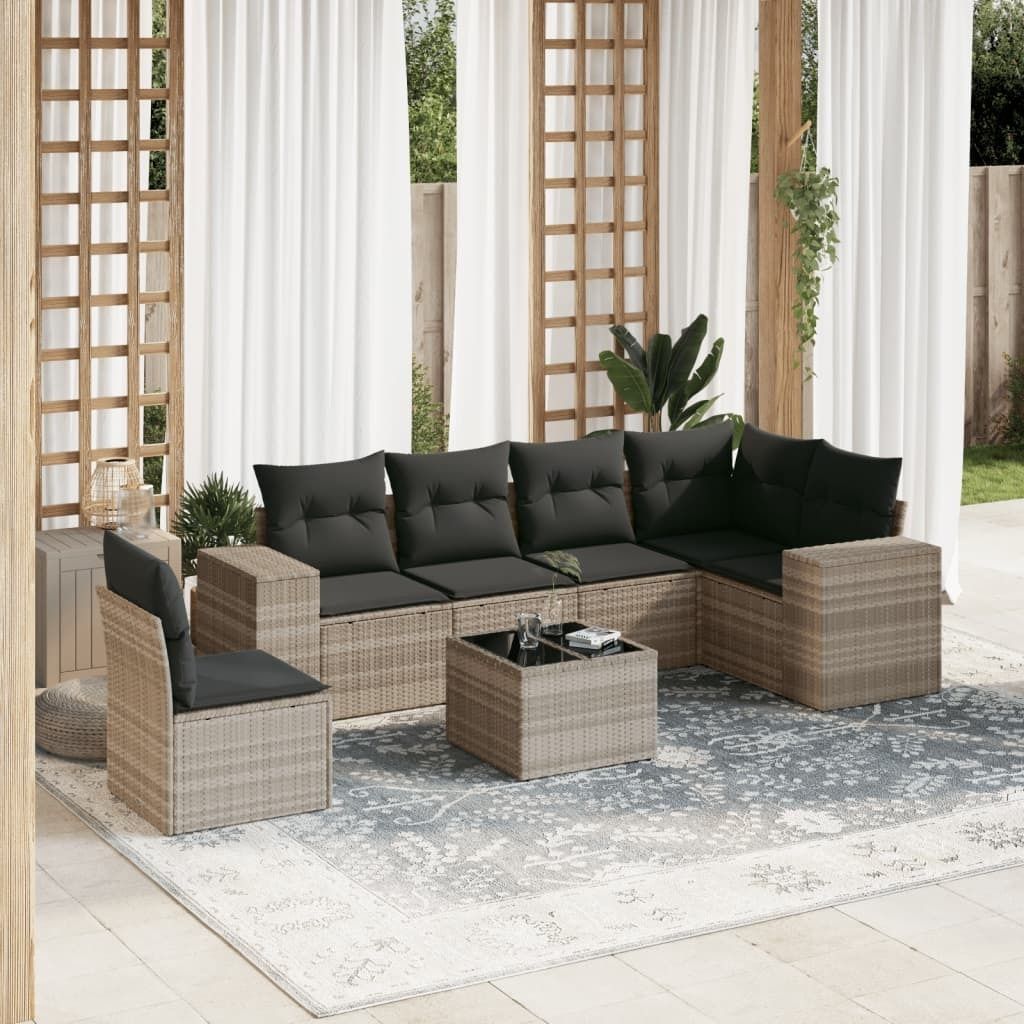 "2026 Promotion" 7-tlg. Garten-Sofagarnitur/Terrassenmöbel - mit Kissen - Hellgrau Poly Rattan - Gartenmöbelset CC12309