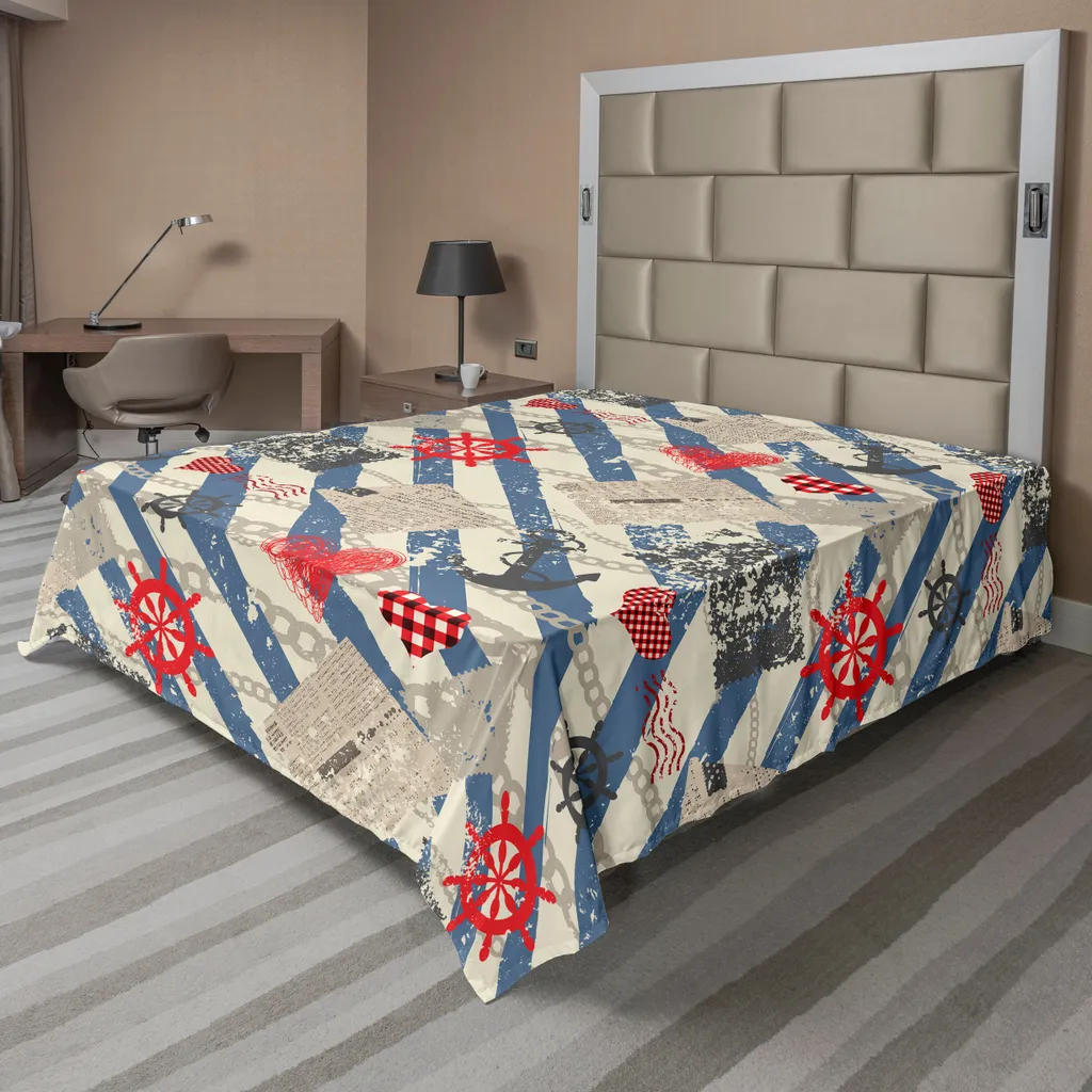 Drap de lit supérieur confortable bleu et beige à motifs nautiques