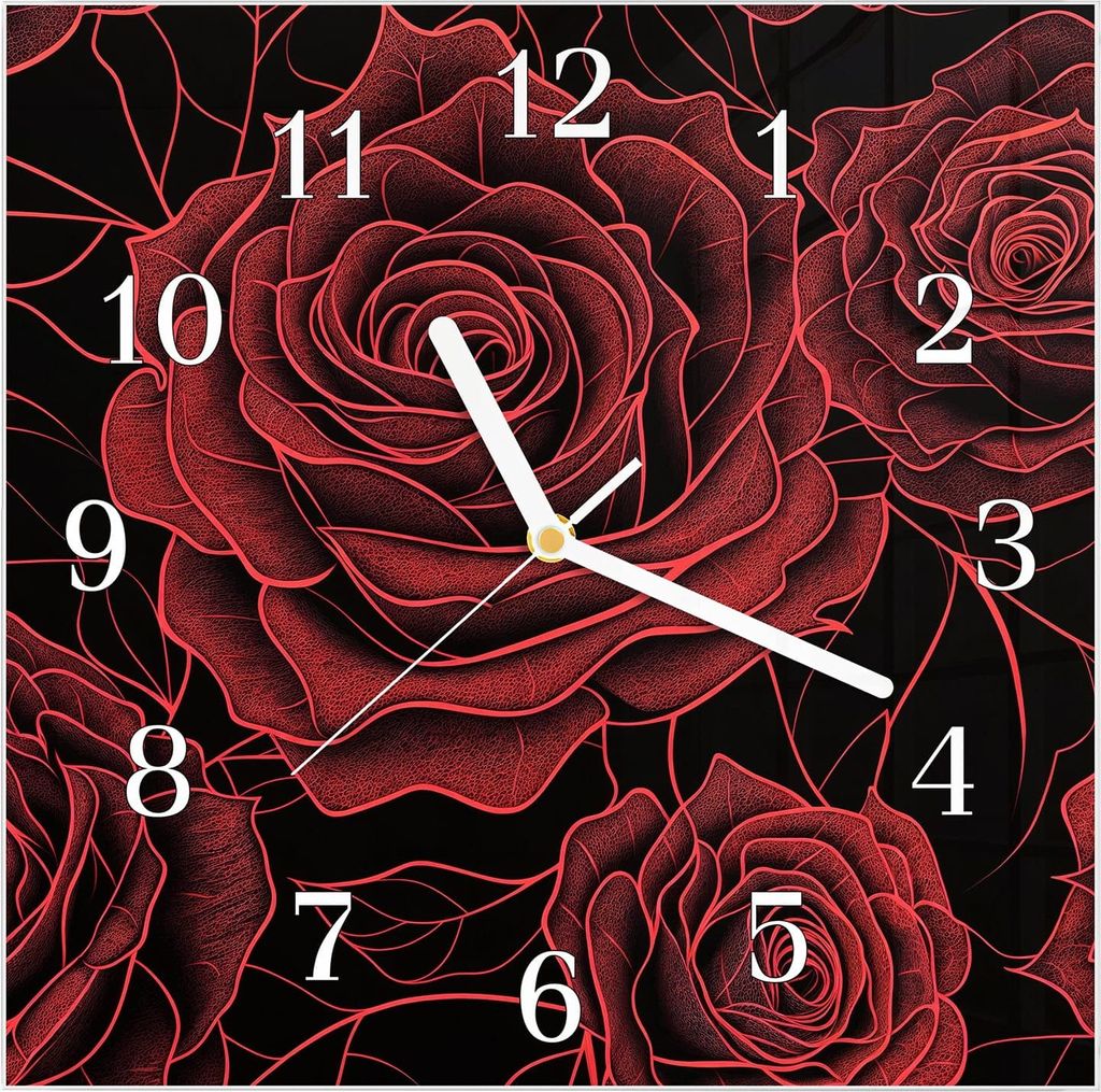 Wanduhr aus Glas mit Motiv Rosenmuster Schwarz- 30 x 30 cm Produktbild 