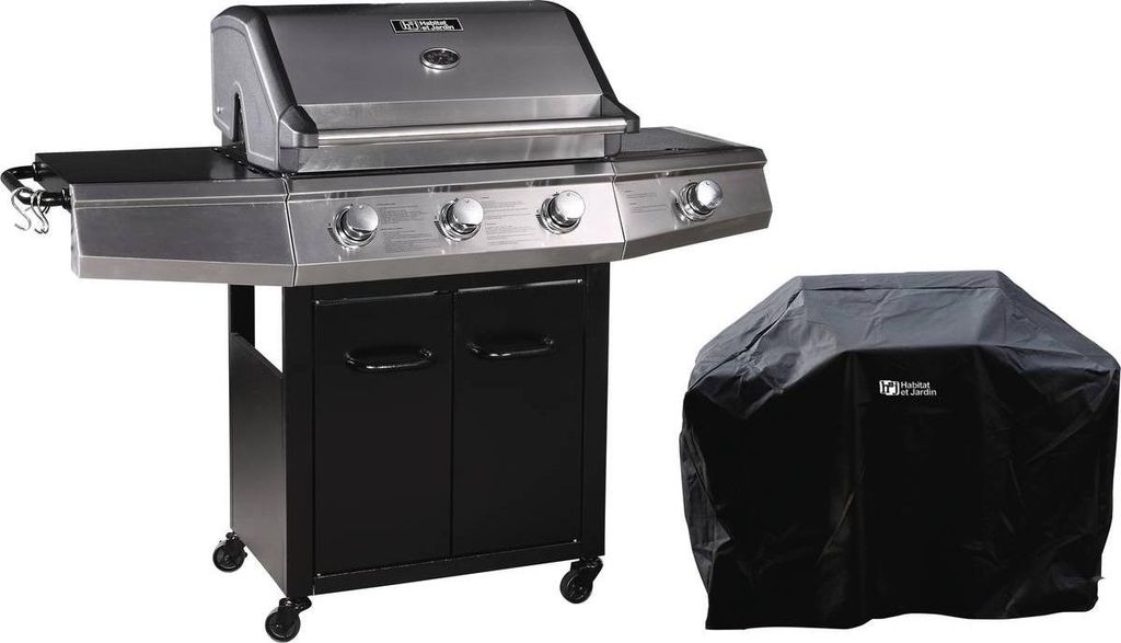 Gasgrill mit LED "Bingo 4" - 4 Brenner davon 1 Seitenbrenner - 14 kW + Schutzhülle - Schwarz