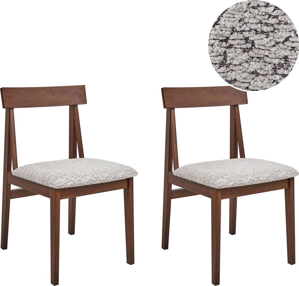 BELIANI Esszimmerstuhl 2er Set Dunkelbraun Holz mit Grauer Bouclé-Sitzfläche mit Lehne Ohne Armlehnen Retro Design Teddy-Optik Holzstuhl