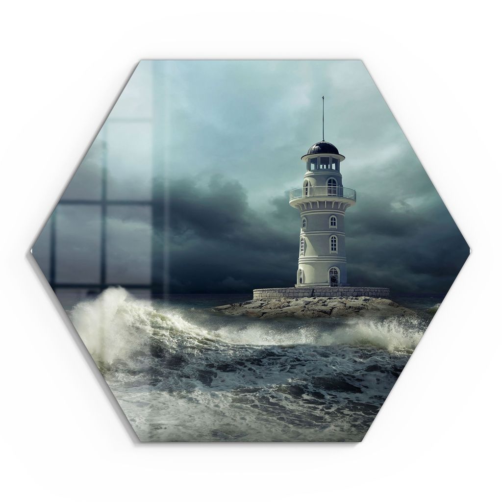 DEQORI Glasbild Echtglas 55x48 cm 'Leuchtturm im Sturm' Wandbild Bild modern Deko