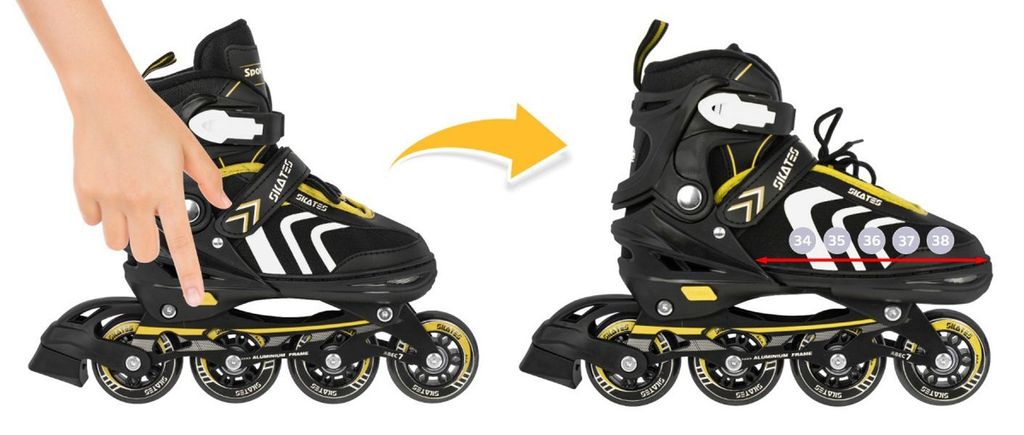 A hand is shown adjusting an inline skate, with an arrow indicating a change to a larger size.