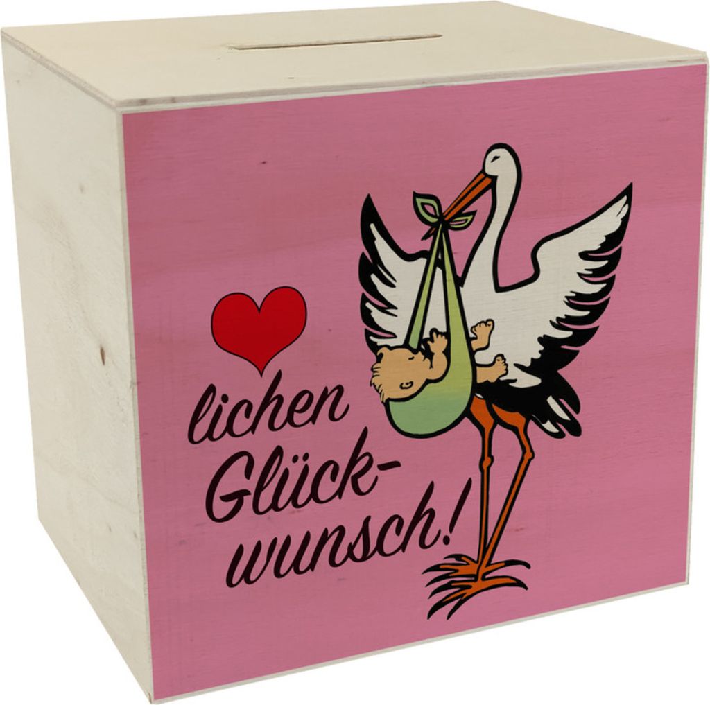 Storch und Kind Spardose aus Holz zur Geburt mit niedlichem Motiv in Rosa