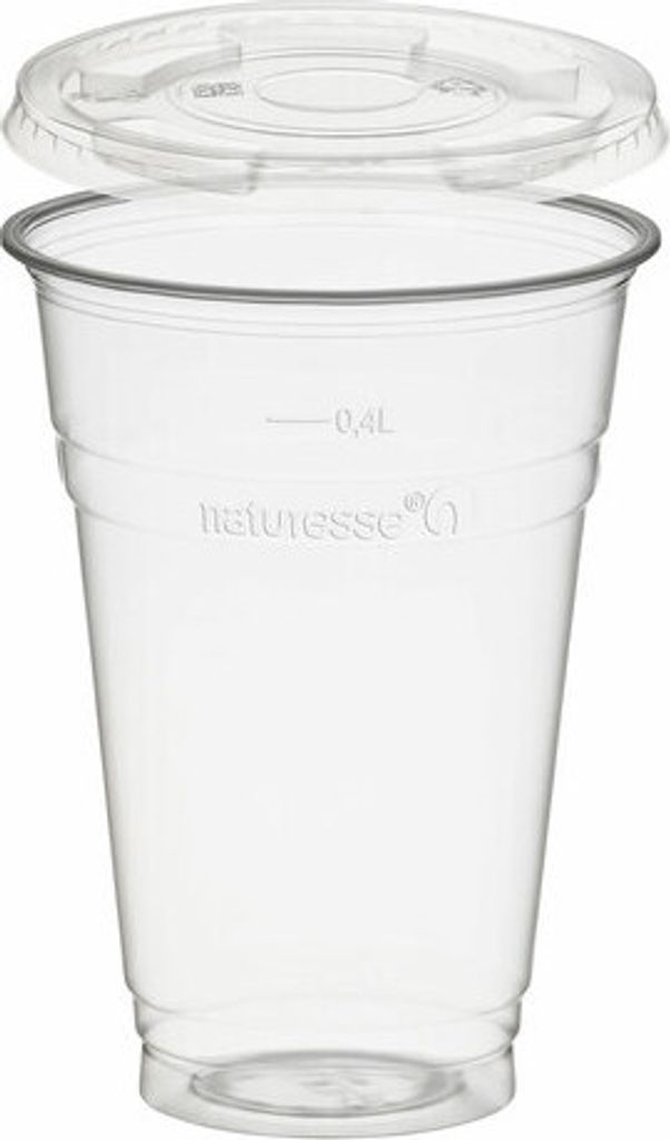 250x Trinkbecher 400ml + Deckel flach ohne Loch aus Biokunststoff (PLA)