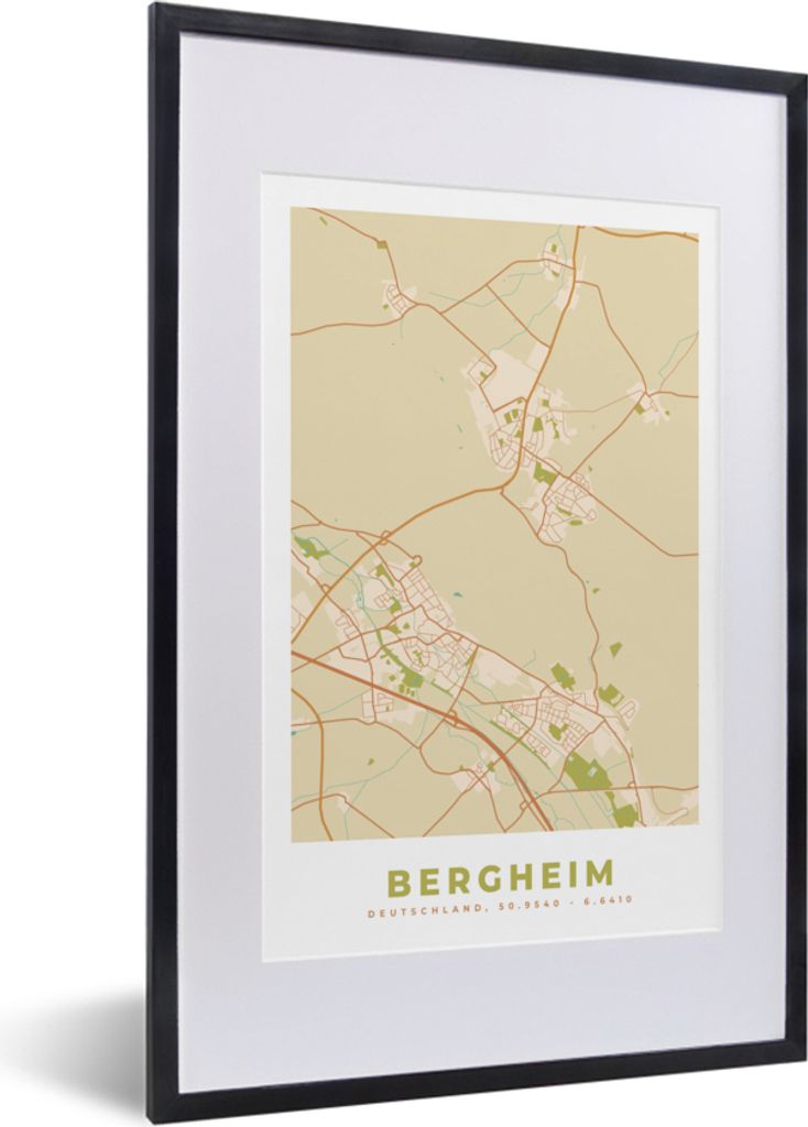 MuchoWow Gerahmtes Poster Karte - Jahrgang - Bergheim - Stadtplan 40x60 cm - Poster mit Schwarzem Bilderrahmen Wandposter Rahmen Foto Bilder - Po...