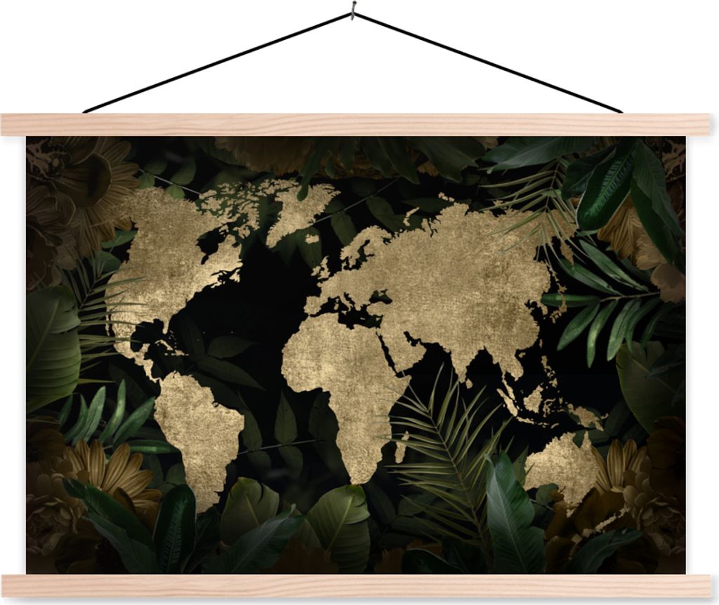 MuchoWow Textilposter Weltkarte - Vintage - Tropische Pflanzen 120x80 cm mit holzfarbenen Rahmen - Aufhängeset