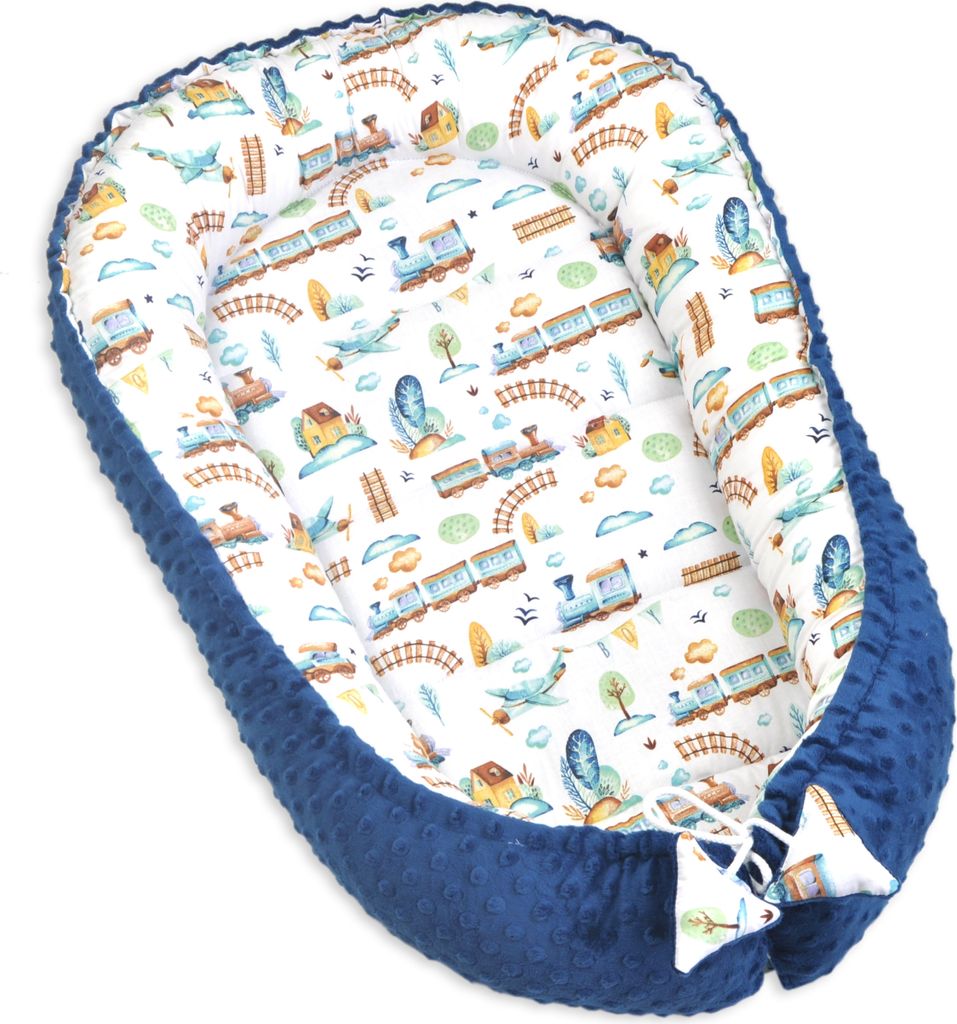 PIMKO Babynest 2seitig Minky Babynestchen für Baby Kuschelnest Babykokon für Säuglinge und Neugeborene Babykissen für Zuhause 55 x 90 cm - Blau...