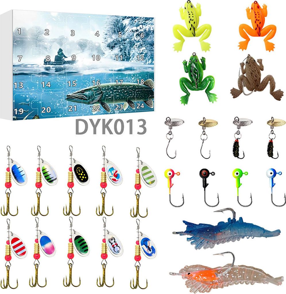 Adventskalender 2025 mit Angelködern – 24-tägige Countdown-Box mit Überraschungsködern – Weihnachtsgeschenk für Männer, Jungen und Angler