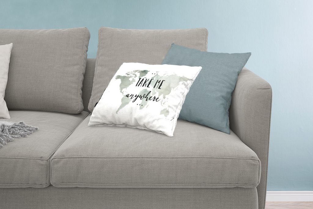 MuchoWow Zierkissen Sofakissen Wohnzimmer Dekokissen 60x40 cm Weltkarte - Zitat - Take Me Anywhere - Kopfkissen - Polster mit Foto