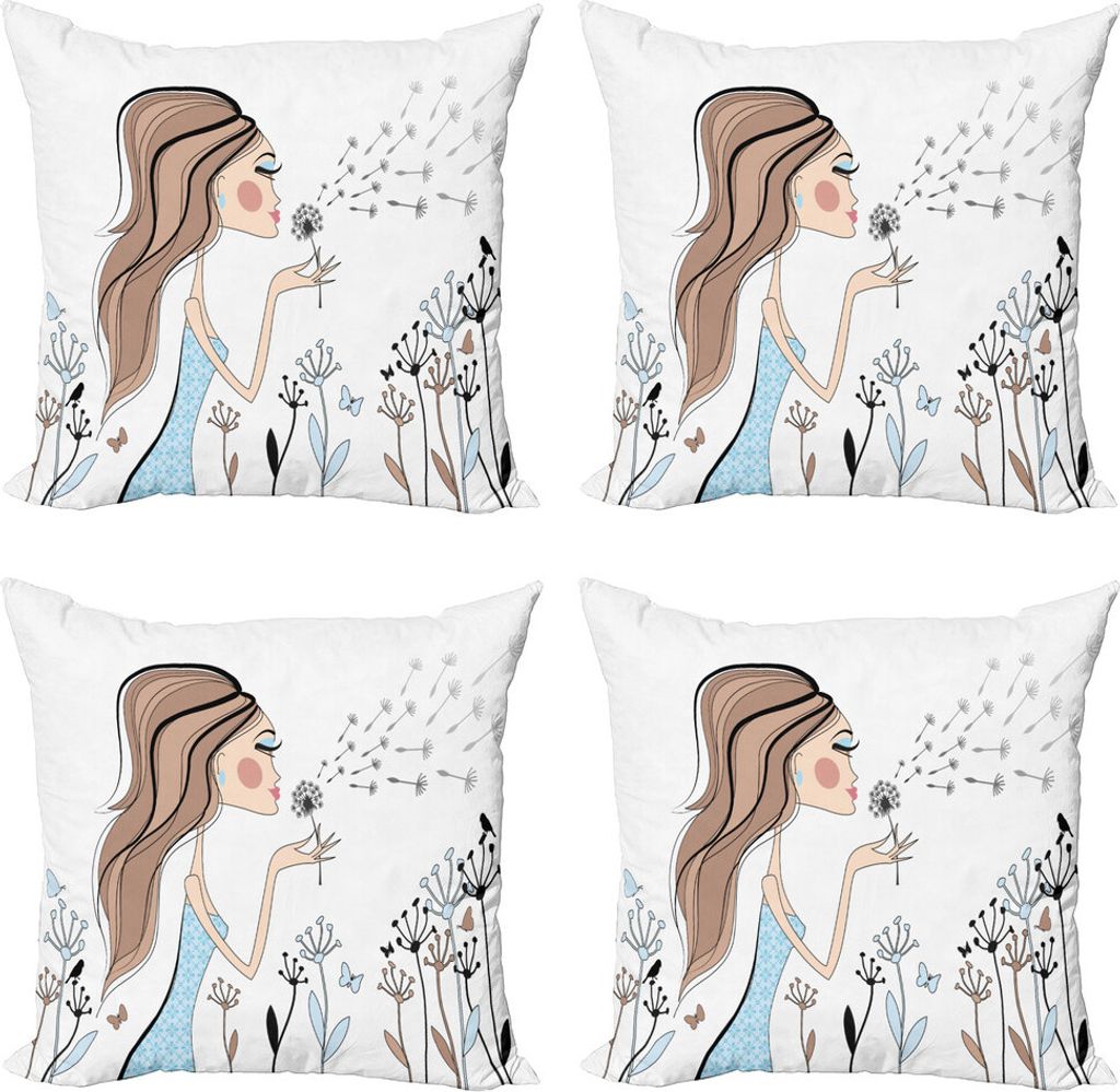ABAKUHAUS Retro Kissenbezug Set (4 Stück), Löwenzahn-Blume Frühling, Moderner Doppelseitiger Digitaldruck, 45 cm x 45 cm, Warm Taupe und Blau