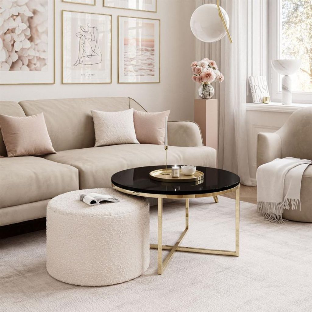 Couchtisch CIRI-X mit Hocker Gold Chrom/ schwarz hochglanz ascot nata