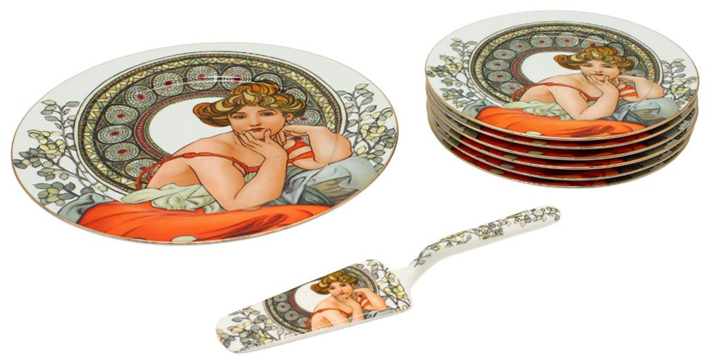 HOME ELEMENTS Kuchenset: Kuchenteller, 6 x Teller, Tortenlöffel, Fly light