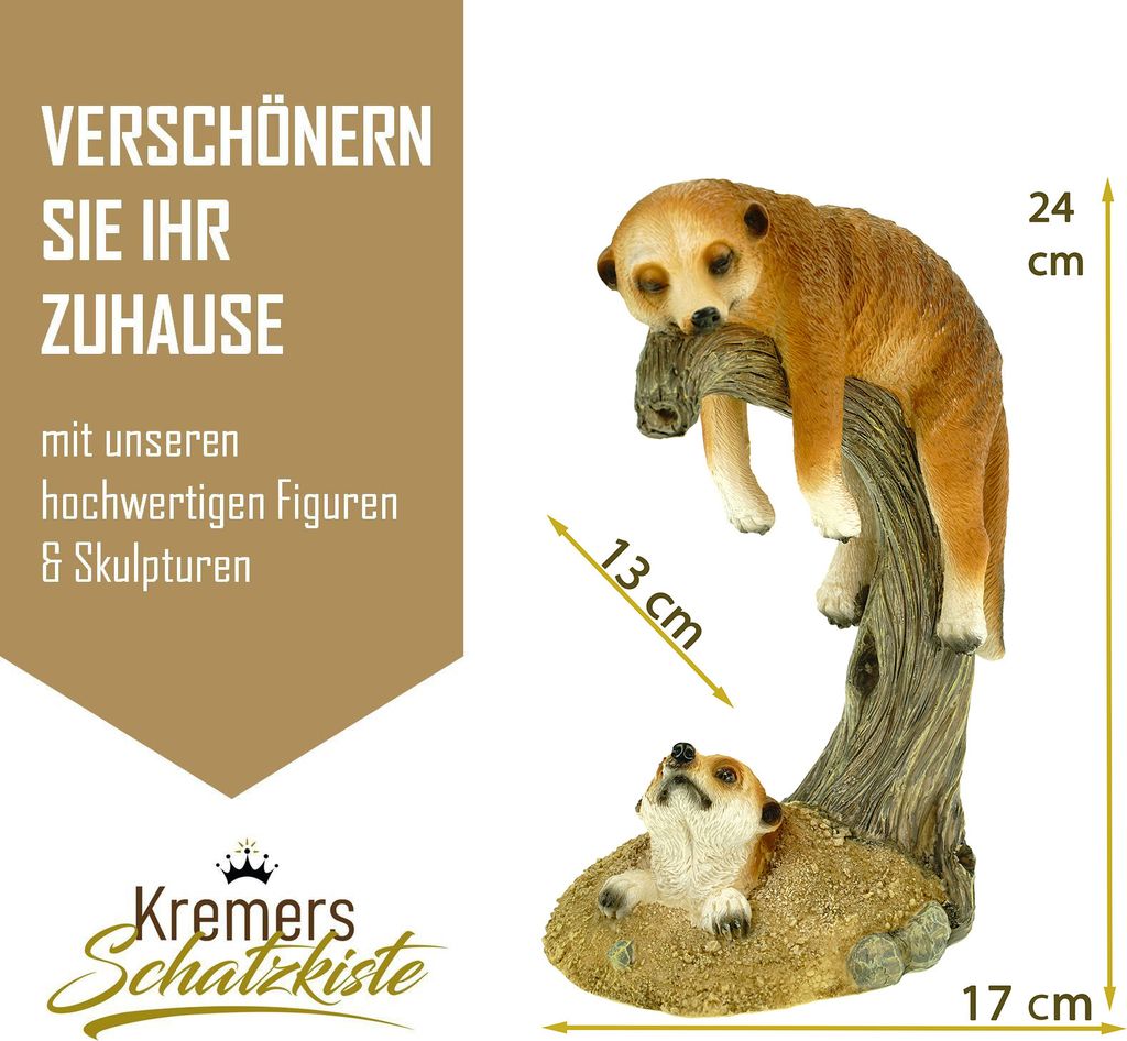 Erdmännchen Mama mit Kind auf Ast Figur Gartenfigur 24 cm Meercat Tierfigur
