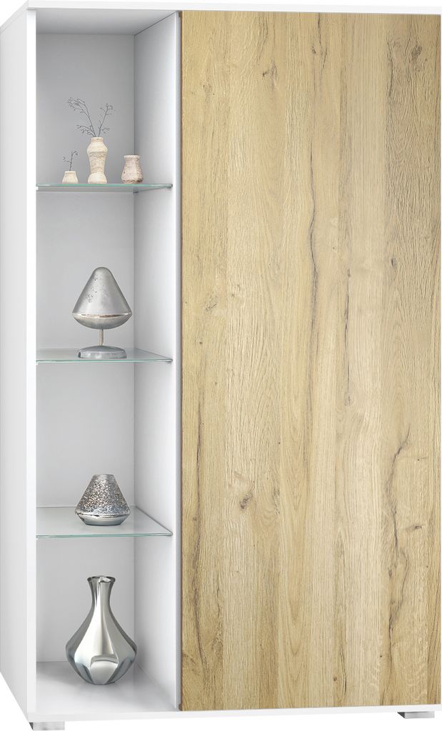 Vladon Vitrine Davos, Germany, Standvitrine mit 3 Glasböden und 8 Fächer, Weiß matt/Eiche Natur (71,5 x 134 x 35 cm)