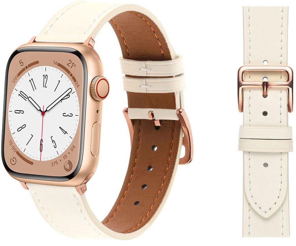 Stravo Slim Lederarmband Damen, dünn mit roségoldener Schließe, kompatibel mit Apple Watch 38–42 mm und SE/Serie 1–11, Weiß